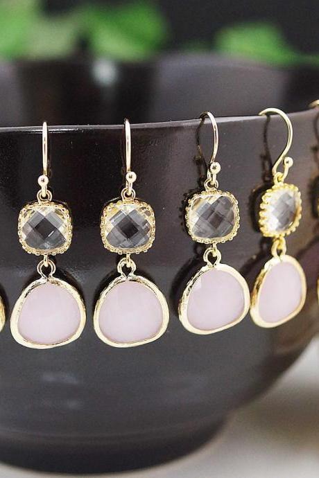 Wedding Jewelry Bridesmaid Earrings Dangle Earrings Gold Framed Clear White And Pink Opal Icy Pink Glass Drop Earrings