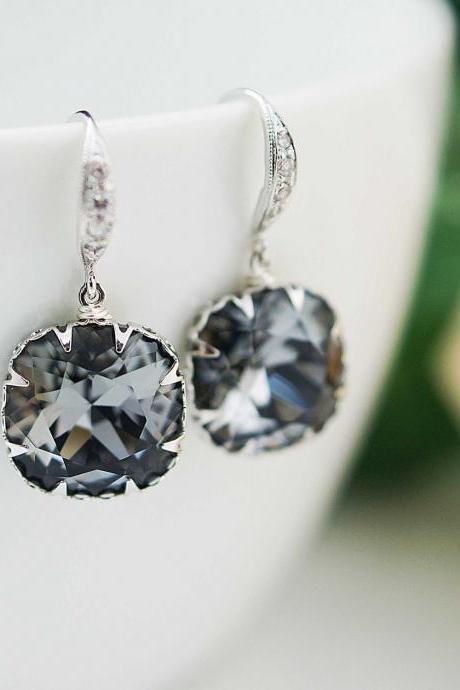 Bridal Earrings Bridesmaid Earrings Rodium plated over Sterling Silver Ear hooks with Crystal Silver Night Swarovski Crystal Square drops