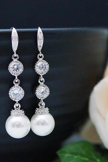 Wedding Dangle Earrings Bridal Jewelry Bridal Earrings Bridesmaid Earrings Crystal White Swarovski Pearls and Cubic Zirconia Connectors