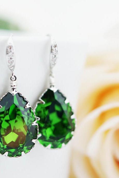 Bridal Earrings Bridesmaid Earrings cubic zirconia ear wires and Fern Green Swarovski Crystal Tear drops