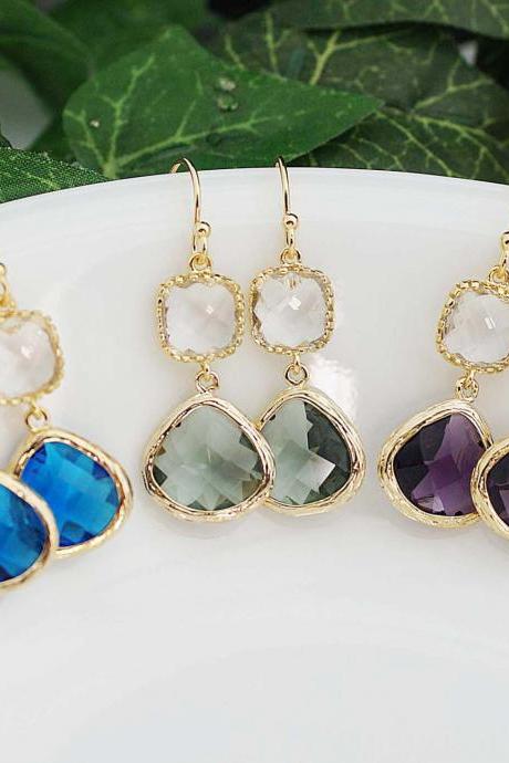 Wedding Jewelry Bridesmaid Earrings Dangle Earrings Gold Framed clear white and glass drop Earrings - Choose your color