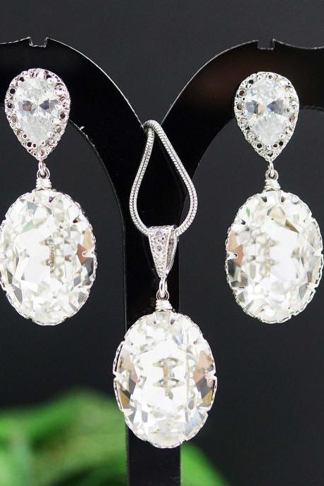 Bridal Necklace Bridal Earrings Clear White Swarovski Crystal Oval drops Bridal Jewelry Set