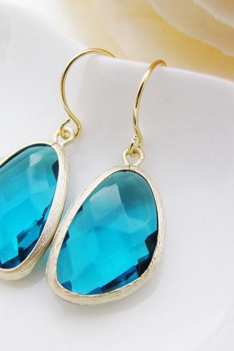 Ocean Blue Glass Matte Gold Trimmed Earrings - Bridal Earrings Bridesmaid Earrings