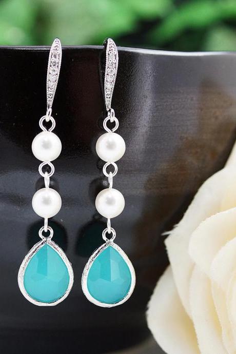 Wedding Jewelry Bridesmaids Gift Bridal Earrings Bridesmaid Earrings Dangle Earrings Swarovski Pearls with Mint Opal Glass drop Earrings