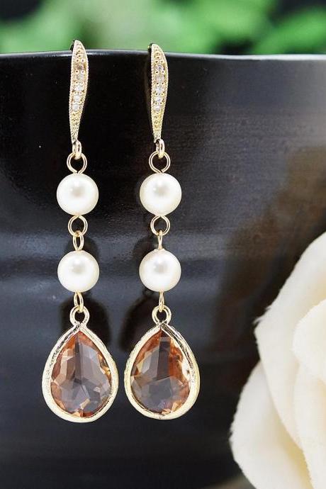 Wedding Jewelry Bridesmaids Gift Bridal Earrings Bridesmaid Earrings Dangle Earrings Swarovski Pearls with Peach Glass drop Earrings