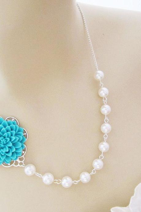 Wedding Jewelry Bridesmaid Jewelry Bridal Necklace Bridesmaid Necklace - Turquoise blue Flower Cabochon and Crystal White Swarovski Pearls