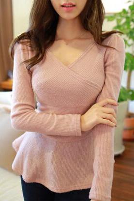 Slim V-neck long-sleeved knit T-shirt AX110301ax