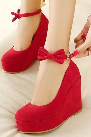 Red Ankle Strap Wedge Shoes with Bow