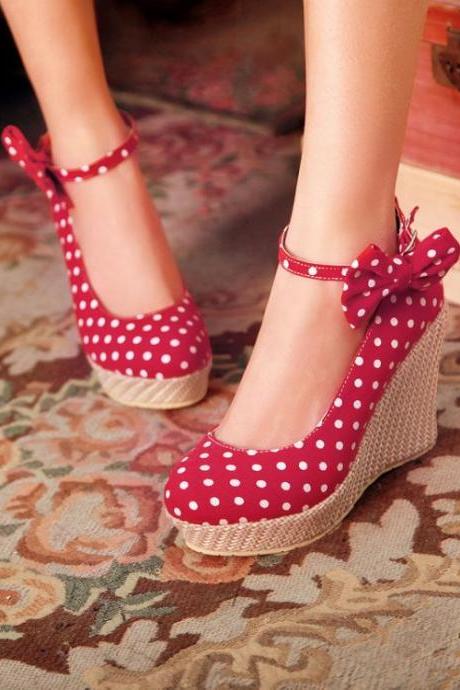 Adorable Polka dots and Bow Design Red Wedge Shoes