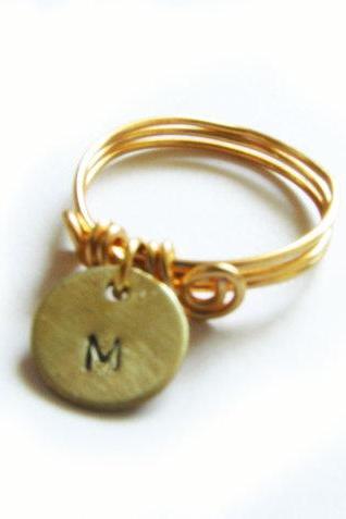 Dainty Initial Wire Wrapped Ring Metal Custom Hand Stamped Personalized Brass Ring Jewelry