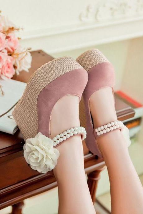 Gorgeous Pink Wedge Shoes with Pear Rivet
