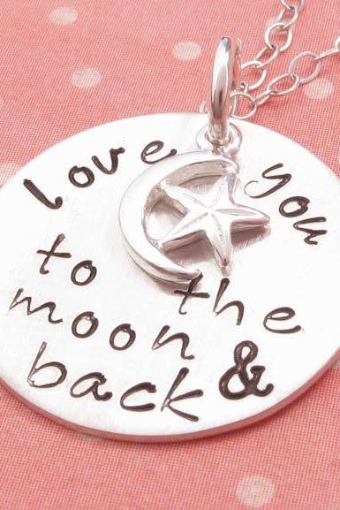 Hand Stamped Necklace Love You To The Moon And Back Personalized Necklace Moon Charm
