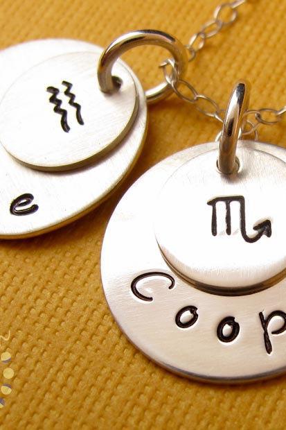 Zodiac Sign Jewelry: Sterling Silver Hand Stamped Name Necklace With Zodiac Sign Charm