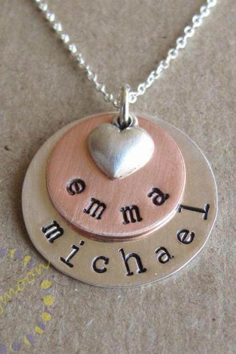 Personalized Necklace: Sterling Silver and Copper Charms Hand Stamped - Gift for Mom