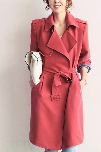 Fashion Pure Color Long Sleeve Turn-Down Collar Long Trench Coat With Waistband