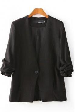 New Style Ruffled Sleeves Single Buckle Designed Solid Black Cotton Blend Blazer