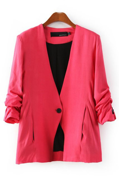 New Style Ruffled Sleeves Single Buckle Designed Solid Rose Cotton Blend Blazer