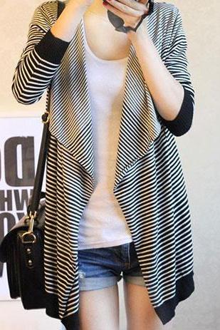 Striped Loose Fit Open Front Cardigan Jacket Coat