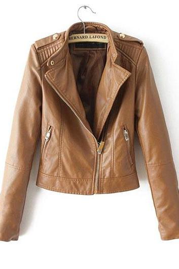 Stylish Brown Leather Moto Jacket Featuring Side Zipper Pockets 
