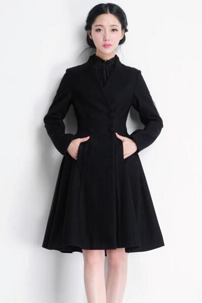 Classy Black V Neck Mid Length Winter Coat