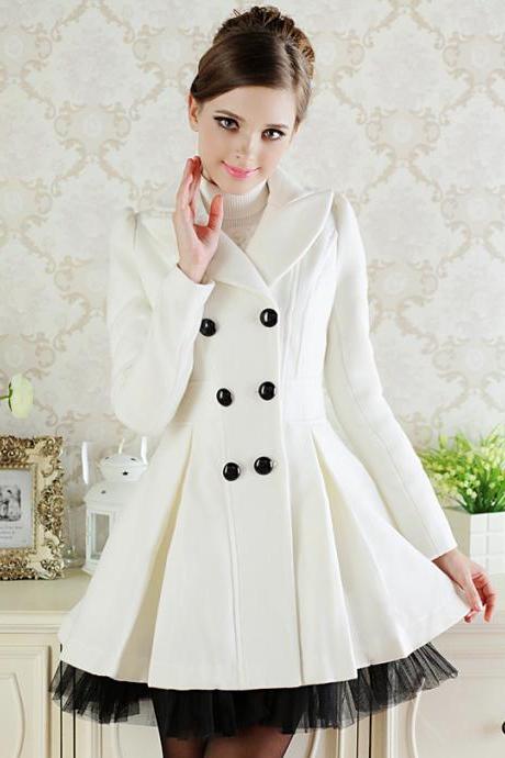 High Quality Women's White Skater Woolen Coat With Detachable Mesh Hem