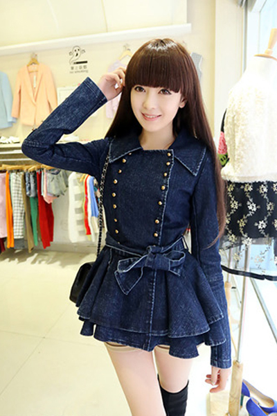 New Style Turndown Collar Long Sleeves Double-breasted Pleated Flouncing Design Blue Cotton Blend Long Coat