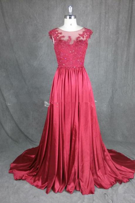 High Quality Handmade Roun Neckline Court Train Burgundy Prom Dress With Lace Tops, Prom Gown, Burgundy Occasion Dresses, Prom 2015