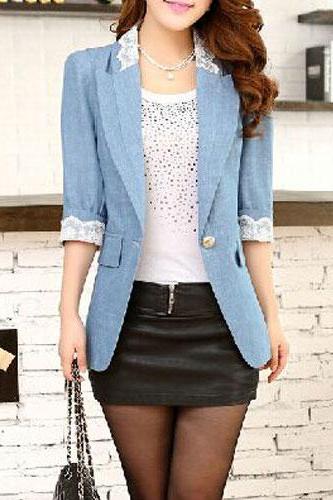 Fashion Lace Spliced 3/4 Sleeve One Button Lady Workwear Suit