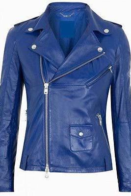 WOMEN BIKER LEATHER JACKET WOMEN'S LEATHER JACKET BLUE COLOR JACKET