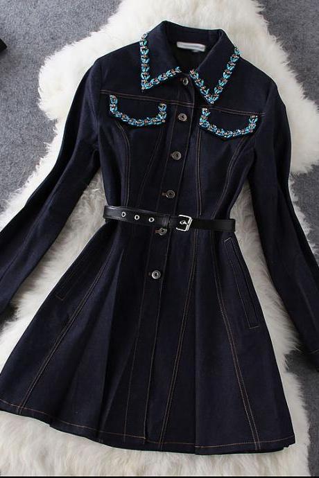 Beaded Long-sleeved Denim Dress