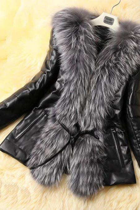 Black Leather Jacket For Women With Genuine Fox Fur