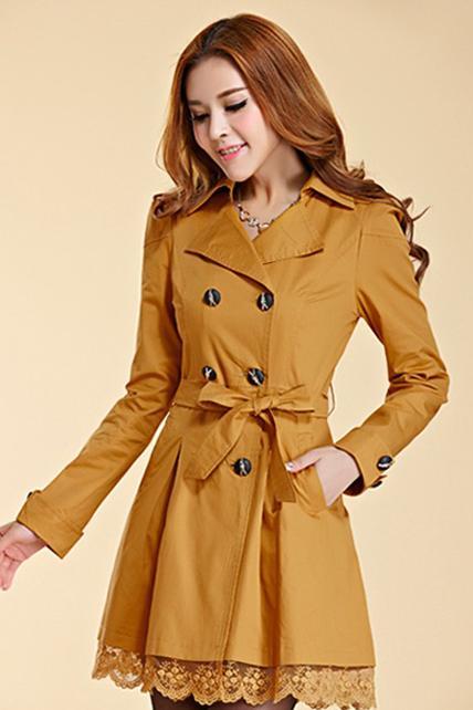 Fashion Golden Color Trench Winter Coat For Women-Women Yellow Coat Winter Lace Coats Polyester Winter Coats