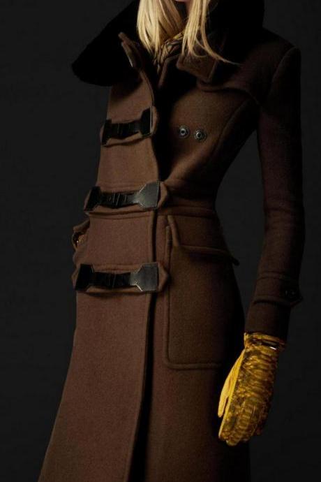 Beautiful Brown Wool Jacket Rex Rabbit Fur Lapel Collar Wool Jacket Coat-Deep Brown Women Long Overcoats