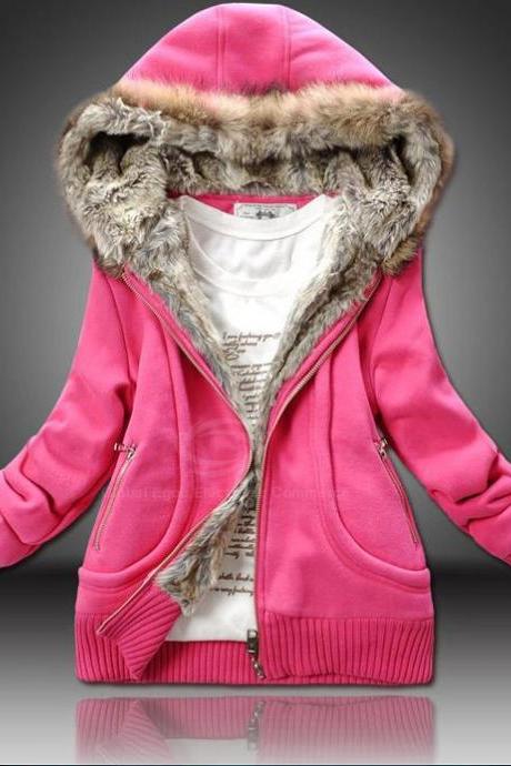 Plus Size Artificial Wool Hooded Zipper Women's Cotton Trend Coat