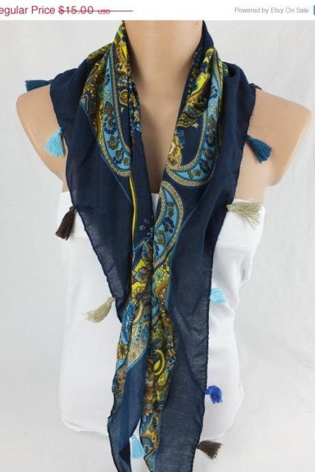 Floral blue scarf shawl, cowl with tassel trim , fashion winter scarf, gift for her