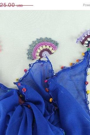 Blue scarf , cotton scarf with crochet edges , triangle fabric shawl, Oya scarf, Bohemian scarf gift ideas for her