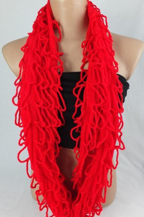 Red infinity scarf, knitted scarf, loopy scarf, woman scarf, elastic knit scarf, circle scarf,ring scarf,woman scarf, gift for her