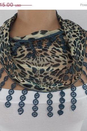 Green chiffon scarf, leopard print scarf, cowl with lace trim,women accessory,, scarf necklace, foulard,scarf