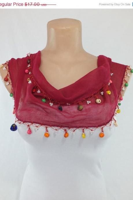bordeaux scarf, cotton scarf , cowl with beaded edges , ,scarf necklace, foulard,scarflette,teachers gift