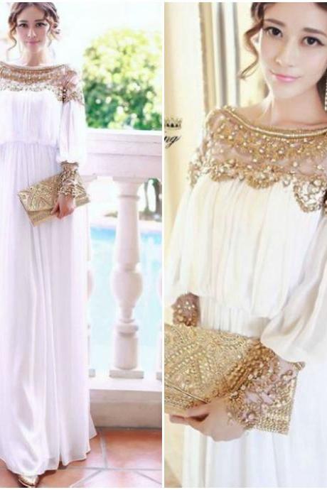 Fabulous Pearl Beaded White and Gold Chiffon Dress