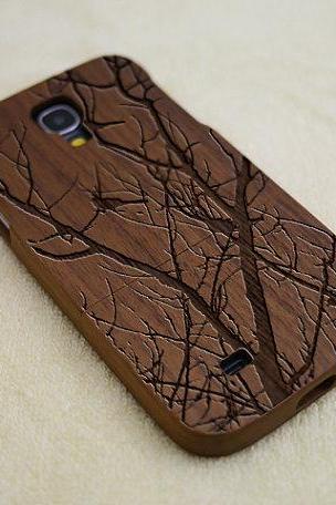 Wood Phone Case, Wood Samsung Galaxy S4 Case, Galaxy S4 Case, Natural Wood Case, Birds On Tree, Laser Engraving, Real Wood, Walnut,