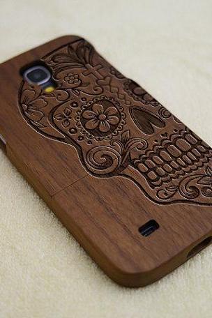 Skull Phone Case, Wood Samsung Galaxy S4 Case, Skull Galaxy S4 Case, Natural Wood Case, Skull, Laser Engraving, Real Wood, Walnut