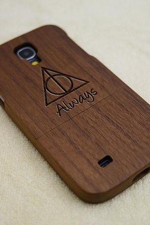 Phone Case, Wood Galaxy S4 Case, Natural Wood Case, Deathly Hallows Always, Laser Engraving, Real Wood, Walnut