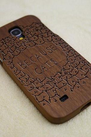 Cats phone case, Wood Galaxy S4 case, Cat Samsung Galaxy S4 case, natural wood case, cats, laser engraving, real wood, Walnut