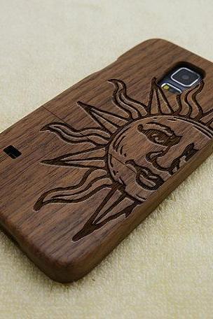Wood Samsung Galaxy S5 Case, Sun Galaxy S5 Case, Natural Wood Case, Wood Phone Case, Retro Sun, Laser Engraving, Real Wood, Walnut