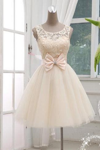 Gorgeous Champagne Lace Ball Gown Knee Lenth Prom Dress, Lace Prom Dress, Homecoming Dresses