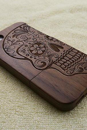 Wood iPhone case, wood iPhone 5S case, wood iPhone 5 case, floral skull, laser engraving, real wood, wooden iPhone case