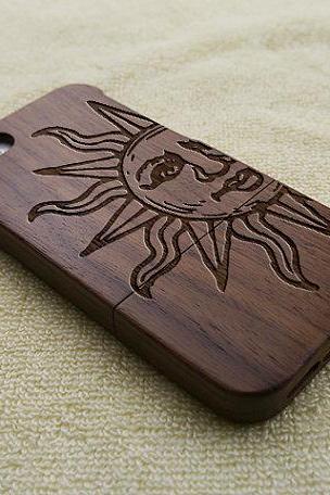 Wood iPhone case, wood iPhone 5S case, wood iPhone 5 case, retro sun, laser engraving, real wood, wooden iPhone case