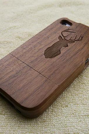 Wood iPhone case, wood iPhone 4S case, wood iPhone 4 case, deer head, cool, real wood case, laser engraving, wooden iPhone case,