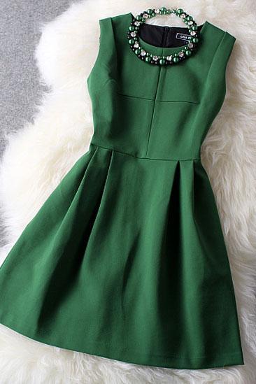 Beaded Dress in Dark Green